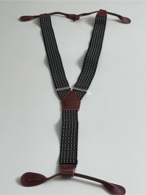 Men's Black Patterned Adjustable Suspenders with Faux Brown Leather Accents
